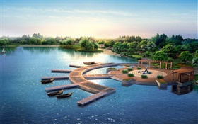 3D-Park-Design, machen, Pier, Boote, Bäume, See HD Hintergrundbilder