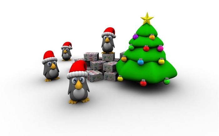 3D-Bilder, Weihnachtsbaum, Pinguin, Geschenk-Box Hintergrundbilder Bilder