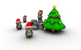 3D-Bilder, Weihnachtsbaum, Pinguin, Geschenk-Box HD Hintergrundbilder