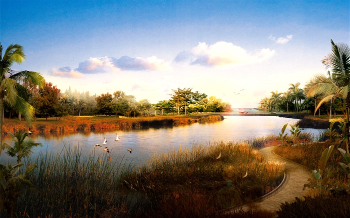 3D-Landschaft, Fluss, Gras, Vögel, Palmen, Sonnenuntergang machen Hintergrundbilder Bilder
