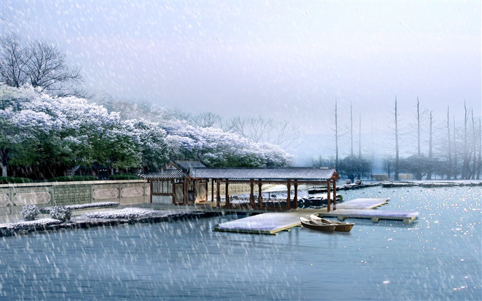 3D-Landschaft, ein Dock, Winter, Schnee, Bäume, Fluss machen Hintergrundbilder Bilder