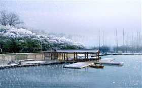 3D-Landschaft, ein Dock, Winter, Schnee, Bäume, Fluss machen HD Hintergrundbilder