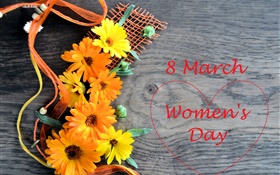 8. März Frauentag, Gerbera Blumen, Liebesherzen HD Hintergrundbilder
