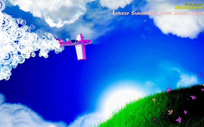 Flugzeuge, Wolken, Gras, Blumen, Sonne, kreatives Design Hintergrundbilder Bilder