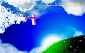 Flugzeuge, Wolken, Gras, Blumen, Sonne, kreatives Design HD Hintergrundbilder