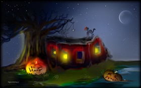 Kunst Malerei, Halloween, Kürbisse, Spinne, Katze, Baum, Mond HD Hintergrundbilder