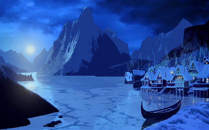 Kunst Malerei, Schnee, Nacht, Mond, Haus, Berge, Boot, Fluss Hintergrundbilder Bilder
