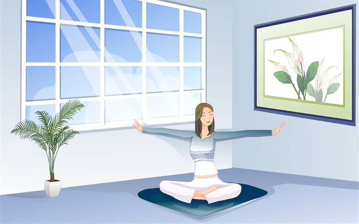 Asiatische Mädchen, die Yoga, Fenster, Raum, Vektor-Bilder Hintergrundbilder Bilder