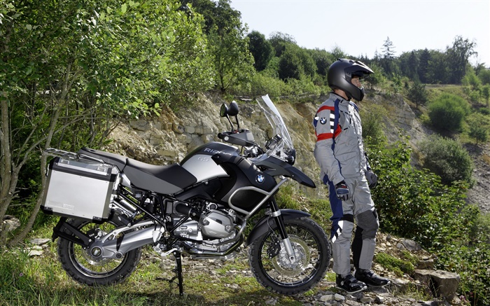 BMW R1200 GS Motorrad und Fahrer Hintergrundbilder Bilder