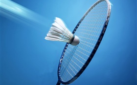 Badminton und Schläger, blauer Hintergrund