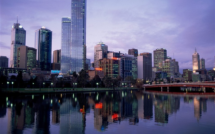 Schöne Stadt, Dämmerung, Fluss, Brücke, Gebäude, Australien Hintergrundbilder Bilder