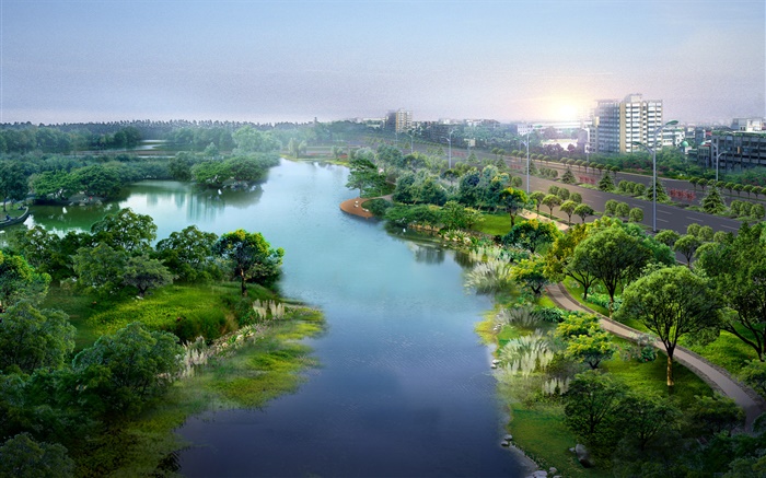 Schöne Stadtpark , 3D-Design, Fluss, Bäume, Straßen, Häuser Hintergrundbilder Bilder