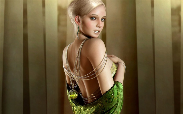 Schöne Fantasy Mädchen, blond, grüne Augen, zurückblicken Hintergrundbilder Bilder