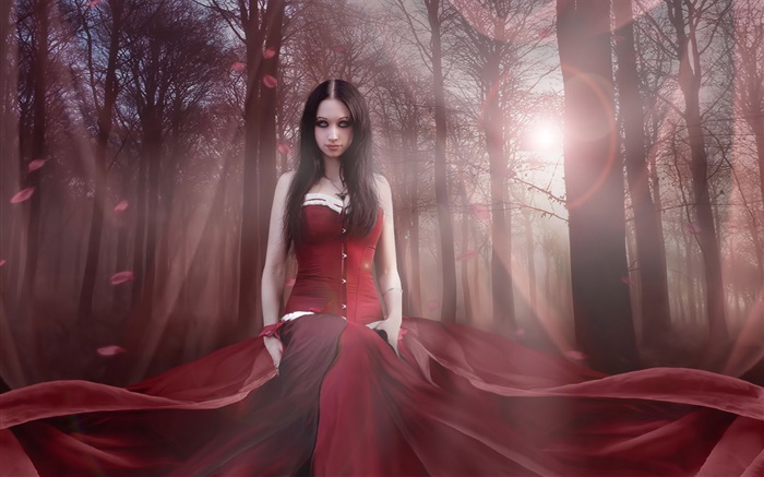 Schöne Fantasy Mädchen, rotes Kleid, Wald, Sonne Hintergrundbilder Bilder