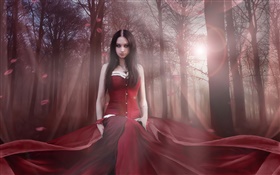 Schöne Fantasy Mädchen, rotes Kleid, Wald, Sonne