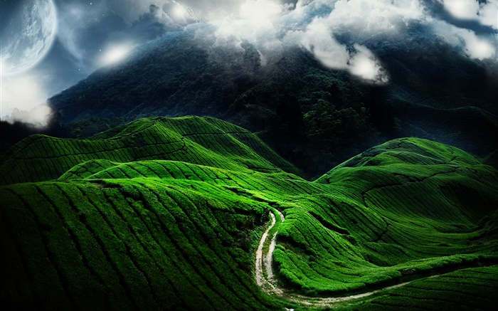 Schöne Landschaft, grüne Hügel, Straße, Wolken Hintergrundbilder Bilder