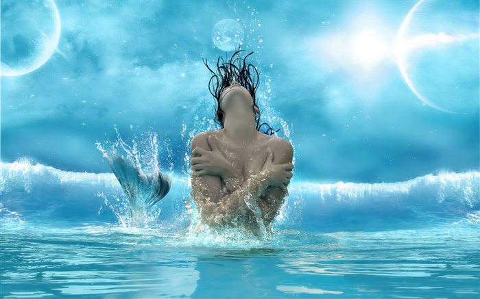 Schöne Meerjungfrau , Wellen, Mond, blau Stil, Fantasie Hintergrundbilder Bilder