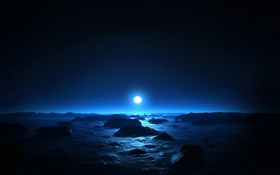Schöne Nacht, Meer, Küste, Mond, blau Stil
