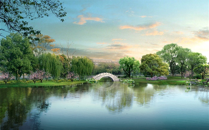 Schöner Park See, Brücke, Bäume, 3D-Design Hintergrundbilder Bilder