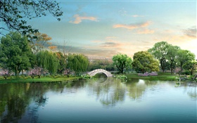 Schöner Park See, Brücke, Bäume, 3D-Design HD Hintergrundbilder