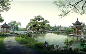Schöner Park, See, Steine, Pavillon, Bäume, Weg, 3D-Design