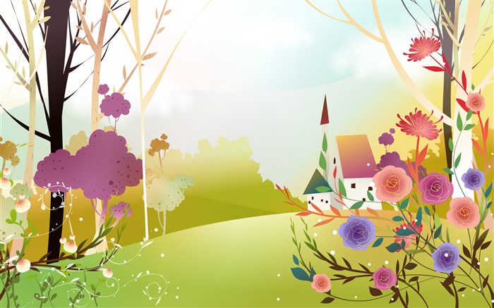 Schöner Frühling, Blumen, Bäume, Sonne, Haus, Vektor-Design Hintergrundbilder Bilder
