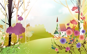 Schöner Frühling, Blumen, Bäume, Sonne, Haus, Vektor-Design HD Hintergrundbilder