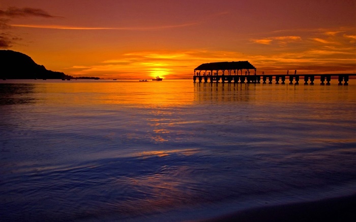 Schöner Sonnenuntergang in Hawaii, USA, Meer, rot Stil, Pier Hintergrundbilder Bilder