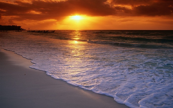 Schöner Sonnenuntergang, Meer, Strand, Wolken, rot Himmel Hintergrundbilder Bilder