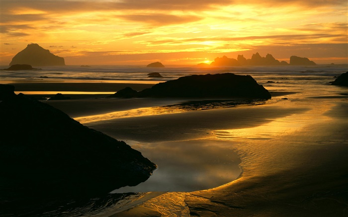 Schöner Sonnenuntergang, Meer, Küste, Felsen, roten Himmel Hintergrundbilder Bilder