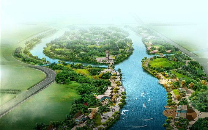 Schöne Draufsicht  der Park, Fluss, Gras, Bäume, Vögel, 3D-Design Hintergrundbilder Bilder