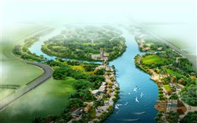 Schöne Draufsicht  der Park, Fluss, Gras, Bäume, Vögel, 3D-Design HD Hintergrundbilder