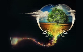Schöner Baum, Liebe, Herz, schwarzer Hintergrund, kreatives Design
