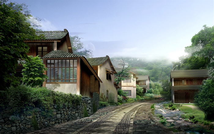 Schönes Dorf, Häuser, Straßen, Steine, Nebel, 3D-Design Hintergrundbilder Bilder