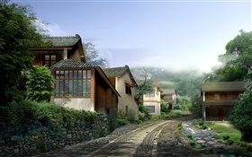 Schönes Dorf, Häuser, Straßen, Steine, Nebel, 3D-Design