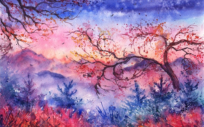 Schöne Aquarellmalerei , Abend, Bäume, Berge, rot Stil Hintergrundbilder Bilder