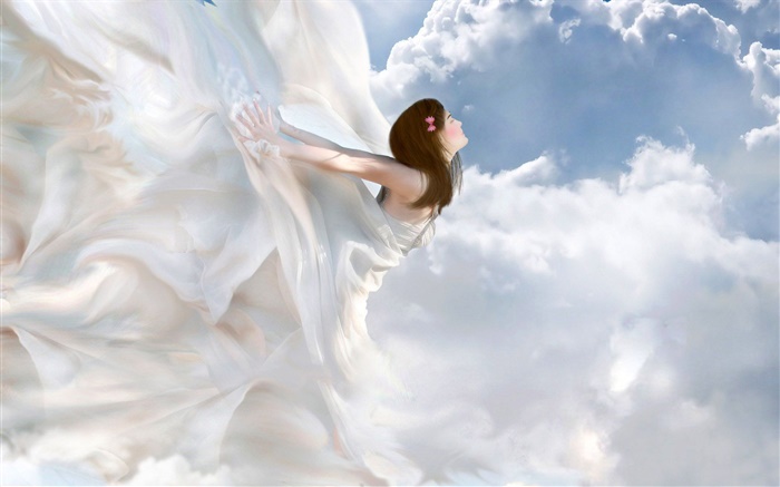 Schöne weiße Kleid Engel, Fantasie Mädchen, Wolken Hintergrundbilder Bilder