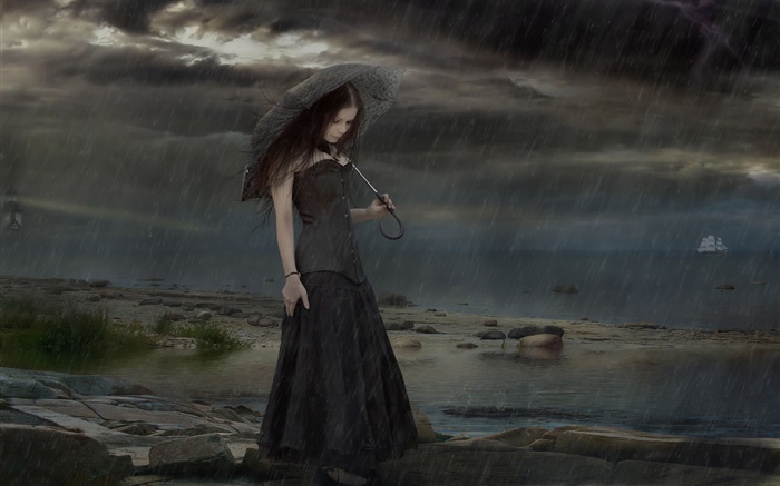 Schwarzes Kleid Fantasiemädchen am regnerischen Nacht, Regenschirm Hintergrundbilder Bilder
