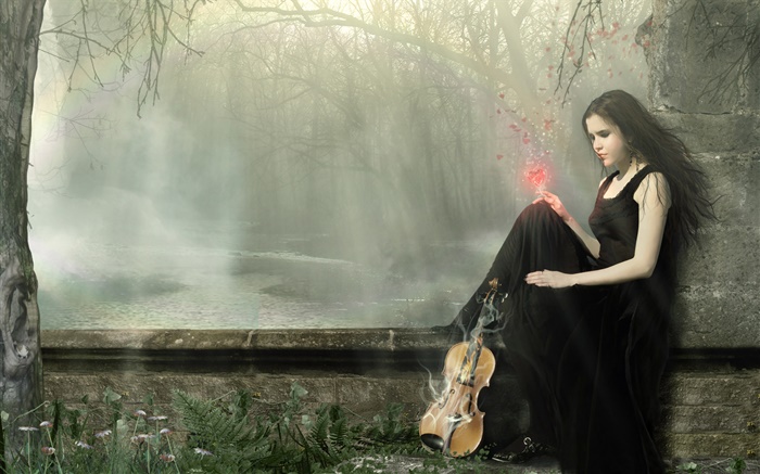 Schwarzes Kleid Fantasie Mädchen Magie, Violine Hintergrundbilder Bilder