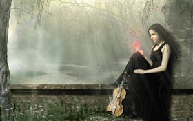Schwarzes Kleid Fantasie Mädchen Magie, Violine HD Hintergrundbilder