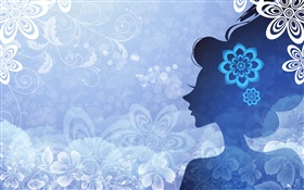Blauer Hintergrund, Vektor-Mädchen, Blumen, Schmetterling