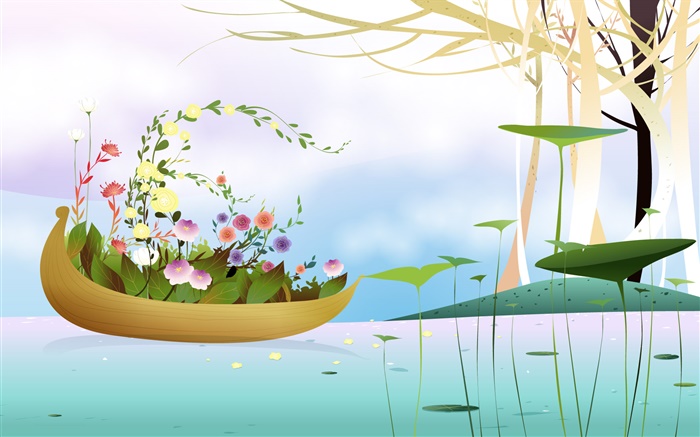 Boot, Blumen, Bäume, Fluss, Frühling, kreativ, Vektor-Design Hintergrundbilder Bilder