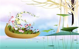 Boot, Blumen, Bäume, Fluss, Frühling, kreativ, Vektor-Design