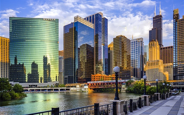 Chicago Stadt, Illinois, USA, Wolkenkratzer, Fluss, Brücke Hintergrundbilder Bilder