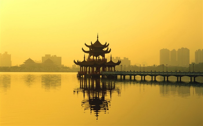 Chinesische Landschaft, ein Pavillon, See, Dämmerung Hintergrundbilder Bilder