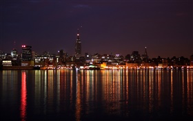 City-Nacht, schön, Gebäude, Beleuchtung, Fluss, Reflexion HD Hintergrundbilder
