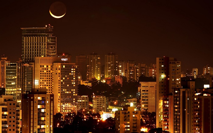 City-Nacht, Häuser, Lichter, Mond Hintergrundbilder Bilder
