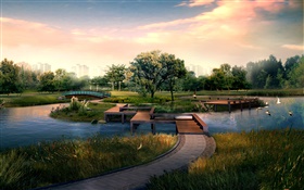 Stadtpark , hölzerne Brücke, Fluss, Vögel, Bäume, 3D-Design HD Hintergrundbilder