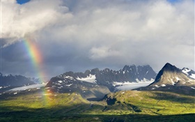 Bewölkter Himmel, Berge, Gras, Regenbogen HD Hintergrundbilder