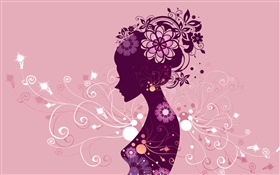 Kreatives Design, Vektor-Mädchen, Blumen, rosa Hintergrund